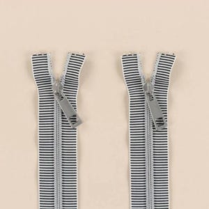 May include: Two identical zippers featuring a black and white horizontal striped fabric tape. Each zipper has a silver-toned metal pull tab and a silver-toned metal chain. The design is consistent across both items, showing the teeth and slider clearly.