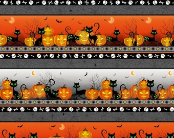 SALE Halloween Fabric, Trick or Treat Black Cat Stripe Fabric. Moonlight Magic From Michael Miller