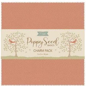 May include: A stack of coral-colored fabric squares with a repeating dot pattern. A cream-colored band across the center features the text "Tilda Poppy Seed Basics Charm Pack" with tree and bird illustrations. Each square measures 5 x 5 inches.