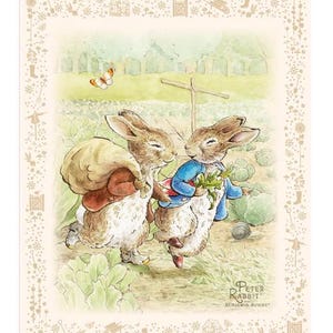 May include: An illustration featuring two rabbits in a garden setting. One rabbit carries a sack, while the other holds vegetables. The image has a soft color palette with a butterfly and the text "Peter Rabbit and Benjamin Bunny".