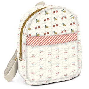 May include: Cream-colored quilted backpack with a gold zipper and straps. The backpack features a pattern of red and yellow floral designs and a red and white striped accent. The bag is designed with a rounded shape.