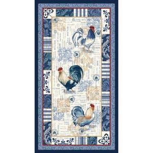 May include: A rectangular fabric panel featuring three roosters in a farmhouse style. The roosters have red combs, white and tan bodies, and blue tail feathers. The background has a collage of text, floral patterns, and stripes in shades of blue and tan.