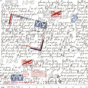 May include: A white fabric featuring a vintage-style handwritten letter pattern in black ink, accented with red and blue airmail borders, various postage stamps, circular postmarks, and dates like 1/2/45, with a ruler visible at the bottom edge.