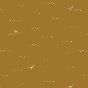 May include: A seamless pattern featuring white silhouettes of dinosaurs and footprints on a mustard yellow background.