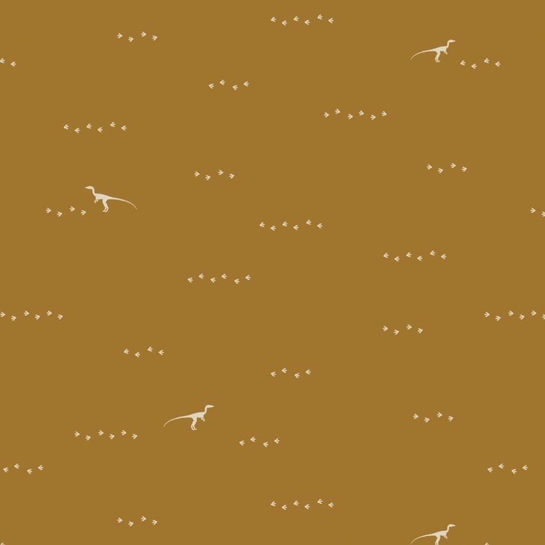 May include: A seamless pattern featuring white silhouettes of dinosaurs and footprints on a mustard yellow background.