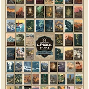 May include: A framed print featuring 63 vintage-style illustrations of American National Parks. Each small image depicts a unique landscape, with a central emblem reading "63 American National Parks by Kenneth Crane."