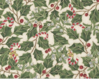Merry Manor Fabric by the Yard. Merry Manor Metallic  33662 11M. Christmas Collection Candy canes and holly END of BOLT 1 Yard.