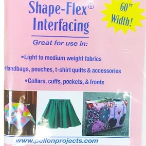 May include: Pink package of Pellon SF101 Shape-Flex interfacing. The package has text that reads "60" Width!" and is 50" x 1YD (152.4cm x 0.9m). Great for use in light to medium weight fabrics, handbags, pouches, t-shirt quilts & accessories.