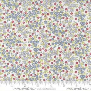 May include: A white fabric featuring a dense, repeating pattern of small blue and red flowers with light green leaves. A white measuring tape with black markings and the text "moda" and "www.modafabrics.com" is visible at the bottom.