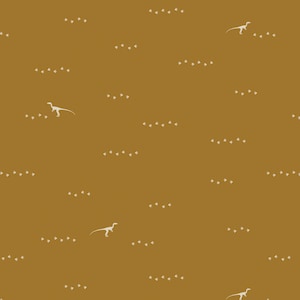 May include: A seamless pattern featuring white dinosaur silhouettes and footprints on a mustard yellow background.