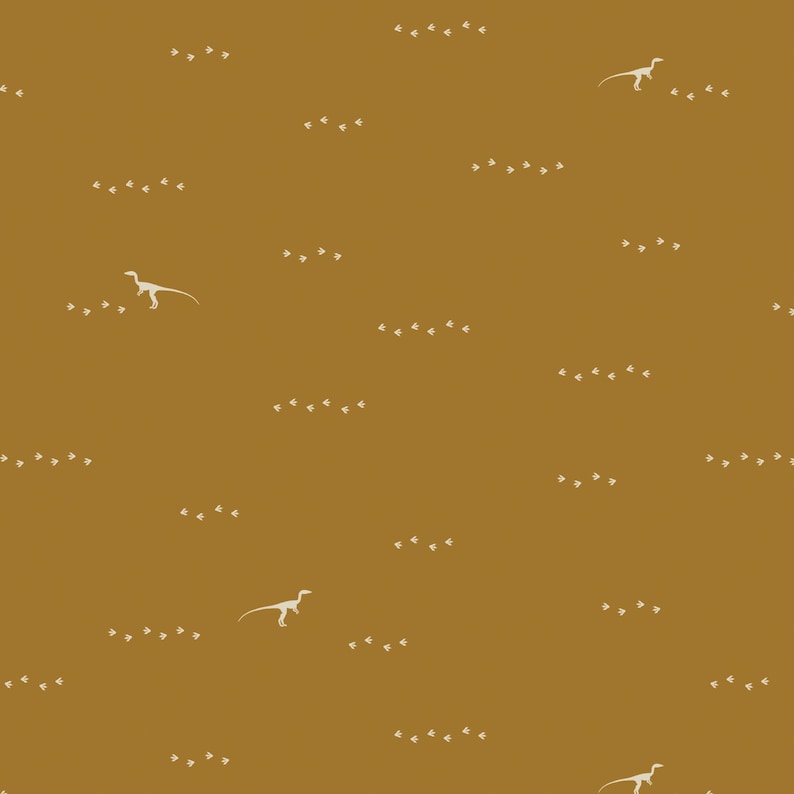 May include: A seamless pattern featuring white dinosaur silhouettes and footprints on a mustard yellow background.