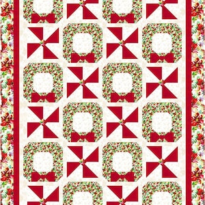 May include: A festive quilt featuring a repeating pattern of wreaths and pinwheels. The wreaths are filled with a floral design and adorned with red bows. The pinwheels are a solid red color, set against a cream background.