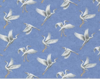 FABRIC by the yard Watermarks by Holly Taylor, Watermarks Egrets Sky 6912 13, Home decor Fabric. Egrets flying sky blue.