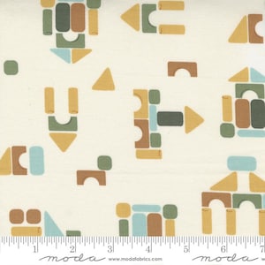 May include: A white fabric with a repeating pattern of colorful wooden blocks. The blocks are arranged in different shapes and sizes, creating a playful and whimsical design. The fabric is perfect for quilting, sewing, and crafting.