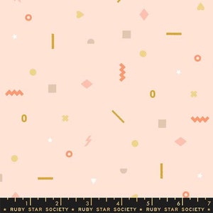 May include: A pink fabric with a repeating pattern of geometric shapes in shades of pink, orange, and gold. The shapes include stars, circles, diamonds, zigzags, and lines.