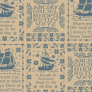 May include: A repeating pattern featuring blue cross-stitch designs on a beige background. The design includes sailing ships, floral motifs, and the alphabet. Text includes phrases like "A Breath of Romance" and "Home Sweet Home".