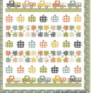 May include: A quilt pattern titled #182 Roadside Harvest by Corey Yoder featuring rows of patterned trucks, checkered pumpkins, and autumn leaves in shades of orange, yellow, green, and grey on a white background with a floral border.