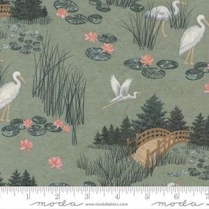 FABRIC by the yard Watermarks by Holly Taylor, Watermarks Scenic Lily Pad 6914 17, Home decor Fabric. Water Lillies Scenic on green.