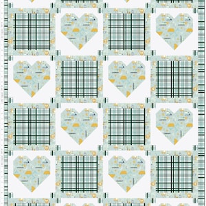 May include: A quilt pattern with a white background and a repeating pattern of green and white plaid squares and blue and yellow heart-shaped squares with a whimsical pattern.
