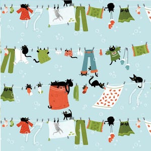 Sale Sky Hanging Out, ST-DLW3261SKY, From Dear Stella, Cats in the Laundry by Leezaworks Collection Fabric by the Yard. Black Cats.