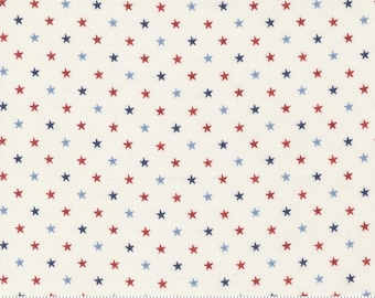 SALE Fabric by the yard Isabella. Isabella Cream 14948 11. Red and Blue stars on white.