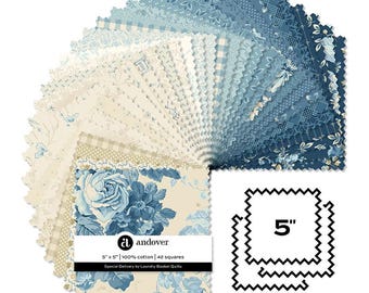 May include: A stack of 42 square fabric pieces measuring 5 inches by 5 inches, made of 100% cotton. The collection features various blue and cream patterns, including floral, plaid, and geometric designs with pinked edges, labeled Andover.