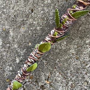 May include: A decorative wand with a wooden core, wrapped in brown and tan twine. Green fabric leaves are attached with brown thread. The wand has a whimsical, natural aesthetic.