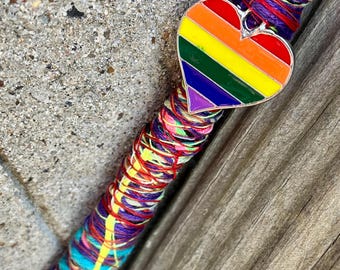 Mandala Style Hair Wrap • Rainbow Heart Charm • Hemp and Jute Fiber Art