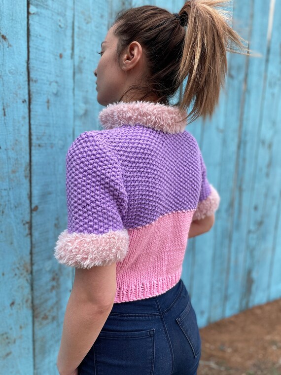 MamaCochaKnit Faux Fur Collar Sweater, Fluffy Sleeve Sweater, Short Sleeve Jumper, Womens Chunky Knitwear, Pink Purple Sweater