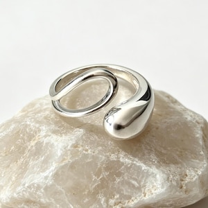 Organic Liquid Metal Ring, Sterling Silver Teardrop Statement Band, Chunky Adjustable Modernist Ring