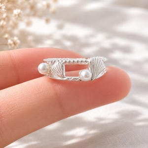Elegant Pearl Seashell Sterling Silver Double Band, Adjustable Ocean Inspired Statement Rings, Gift for her