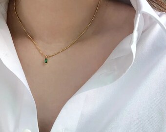 Emerald Green Necklace, 18K Gold Plated Dainty Emerald Charm Choker, Everyday Minimalist Little Pedant necklace, Mother's Day Gift