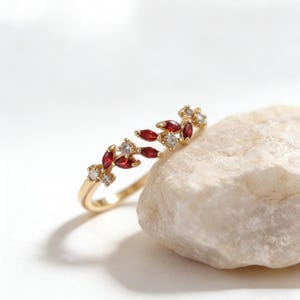 Dainty Ruby Gemstone Adjustable Ring, Dark Red Stone Flower Band, Open Band Floral Leaf Jewelry