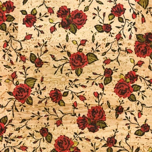 Red Flower Print Cork Leather Fabric, Cork Fabric, Vegan Cork Leather