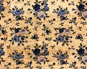Blue Floral Cork Fabric, Eco-Leather Textile for Crafts