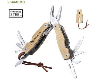 Bamboo multitool, 12 functions, has knives, pocket knives, screwdrivers, files, openers and pliers, custom multitool