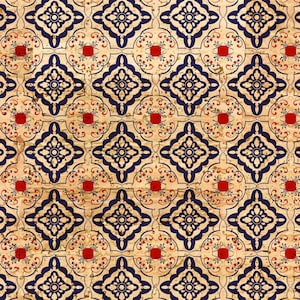Printed cork fabric, red and blue tiles