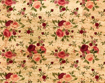 Tela de corcho con flores rojas, material de costura ecológico (50 x 32 cm)