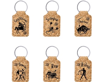 Cork leather keychain / Personalized /  Zodiac Sign keychain / Cork keychains / Gift Keychain