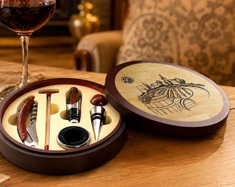 Personalized Wooden Wine Accessory Set, 5 Piece Bar Tool Kit, Wine Lover Gift