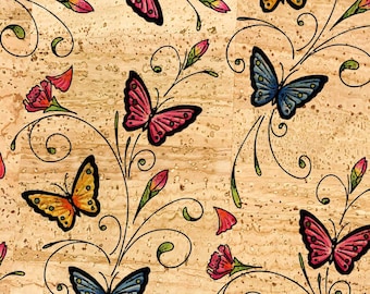 Butterfly Print Cork Fabric, Vegan Leather, Colorful Butterflies