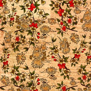 May include: A seamless pattern featuring a floral design with red and white flowers on a beige background. The flowers are arranged in a repeating pattern and are surrounded by green leaves. The background is a textured beige colour.