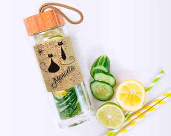 Water bottle with glass designs with bamboo screw cap, custom bottle , Customized Water Bottle