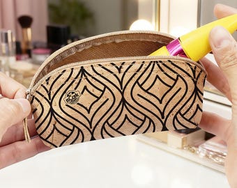 Black Patterned Mini Cork Makeup Bag, Portuguese Vegan Leather Cosmetic Pouch (15x8x5cm)