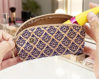 Tiled Mini Cork Makeup Bag, Portuguese Vegan Leather Cosmetic Pouch, Coin Purse, Travel Organizer