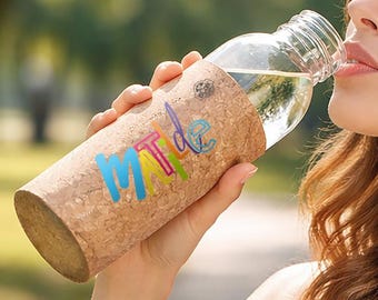 Personalized Glass Water Bottle with Bamboo Lid Cork Sleeve Eco Bottle