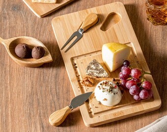 Tagliere per formaggi personalizzato, tagliere per formaggi in bambù, tagliere in legno con 2 utensili in acciaio inossidabile, tagliere per formaggi in legno