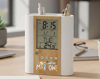 Bamboo Desk Organizer with Digital Clock – Pen Holder, Alarm, Thermometer, Calendar Functions