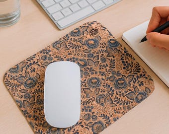 Floral Cork Mouse Pad, Personalized Eco-Friendly Desk Accessory | Natural Cork | Non-Slip | Customizable | Minimalist Office