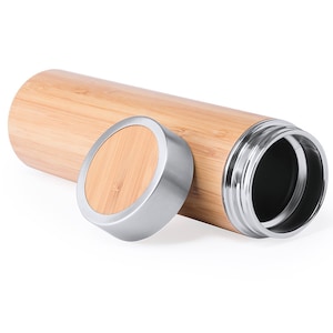 May include: A bamboo and stainless steel water bottle with a bamboo lid. The bottle is brown and the lid is silver.